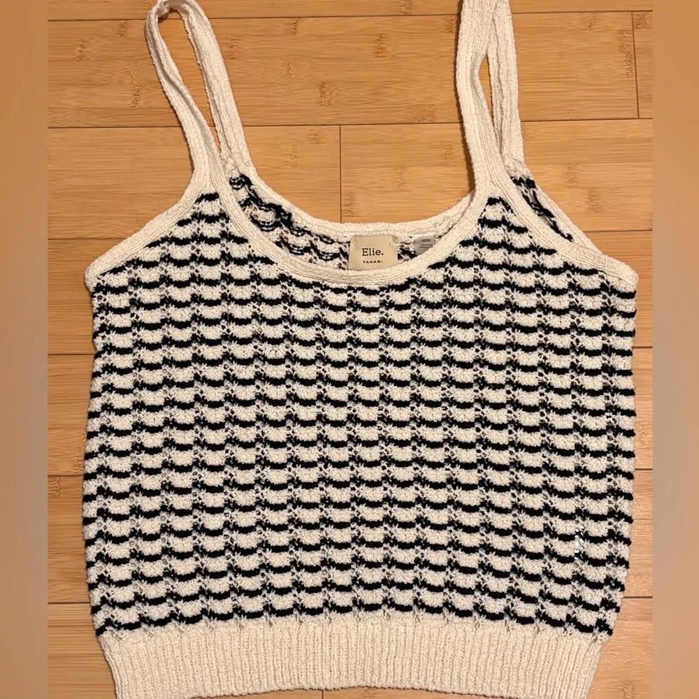 Elie Tahari Knit Tank Top Black Cream Textured Sweater Camisole Size M - Picture 2 of 5